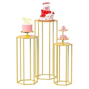 lot 51457 image: Wokceer Hexagon Pedestal Stand Cylinder Stands for Party 35.43 Set of 3 Nesting Display Cylinder Tables for Parties Wedding Living Room Patio Decor Gold - Retail $88.67