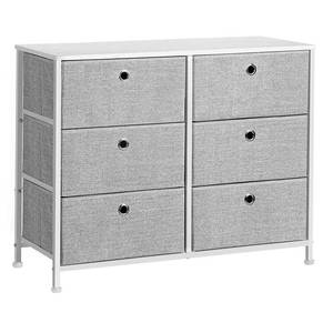 lot 51458 image: SONGMICS 3-Tier, Storage Dresser with 6 Easy Pull Fabric Drawers and Wooden Tabletop for Closets, Nursery, Dorm Room, 31.5 L x 11.8 W x 24.8 H, Light Grey and White ULTS23W