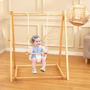 lot 51473 image: FUNLIO Wooden Swing Set for Toddlers 6-36 Months, Foldable Baby Swing Set with Durable Pine, Portable Toddler Swing with 4 Sandbags & Extension Straps, Kid Swing for IndoorOutdoorBackyard - Retail $100.09