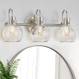 lot 14251 image: 3 Lights Vanity Light, Brushed Nickel Bathroom Light Fixtures, Farmhouse Wall Sconces with Globe Clear Glass Shade, Porch Wall Mount Lamp for Mirror, Kitchen, Porch, Living Room, Workshop (E26 Base)