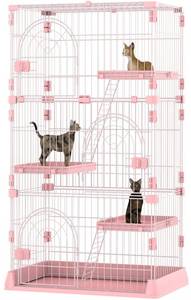 lot 14256 image: 4-Tier Wire Cat Cage Playpen Kennel, Cat Catios Large Space 30 x 20 x 52.5 Inches for 1-3 Cats, Pink Cat Crate with 3 Platforms 3 Front Doors 2 Ramp Ladders - Retail $94.23