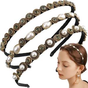 lot 14369 image: NAIHOD 3 Pcs Pearls Rhinestones Thin Headbands for Women Girls Luxury Vintage Hair Bands for Womens Hair with Cloth Wrapped Metal Hair Hoop Baroque Headpiece Elastic Head Bands
