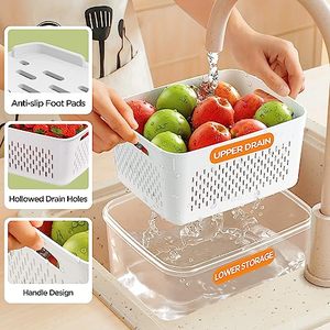 lot 14433 image: Fruit Storage Containers for Fridge with Removable Colanders, 4 in 1 Produce Storage Containers with Lids, Leakproof Fridge Organizer Bins for Salad Berry Lettuce Vegetables Meat Keeper Fresh