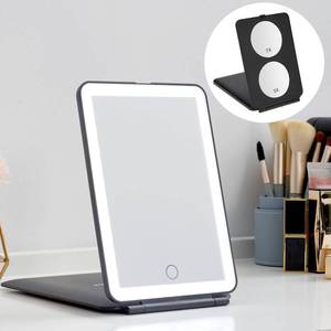 lot 14730 image: LED Foldable Travel Makeup Mirror - 5x7 inches 3 Colors Light 3X 5X Magnifier Modes USB Rechargeable Touch Screen, Portable Tabletop Cosmetic Mirror for Travel, Cosmetic, Office(Black)