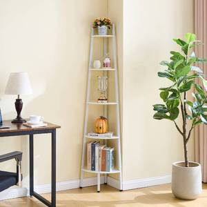 lot 14735 image: Hoctieon Corner Shelf, 5-Tier Corner Bookshelf, Rustic Corner Ladder Shelf, Industrial Display Shelf for Living Room, Kitchen, Home Office, Balcony, Small Space, Metal Frame, White