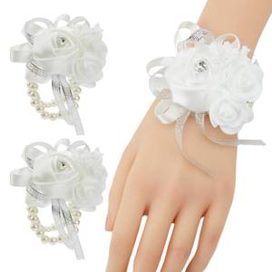 lot 15061 image: Meldel White Prom Wrist Corsage, 2pcs Rose Wedding Corsages for Bridal Bridesmaid Girl Women, Fake Wrist Flower Set for Mother of Bride and Groom, Artificial Hand Flower for Homecoming Anniversary