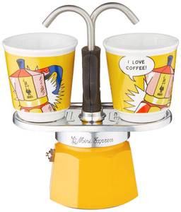 lot 71090 image: Bialetti - Mini Express Lichtenstein Moka Set includes Coffee Maker 2-Cup (2.8 Oz)  2 shot glasses, Yellow, Aluminium