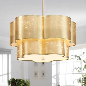 lot 14753 image: Shrine Lighting Chandeliers, Modern Design, Perfect Drum Pendant Light for Dining Room, D17.3 � H9.4, Adjustable 35, 4 x E12 Sockets, Two Cloth Gold Lampshades & Gold Frame Finish - Retail $135.87