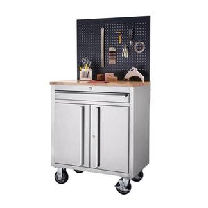 lot 14757 image: TRINITY BASICS 31x20.6 Stainless Steel Rolling Workbench w Pegboard - Retail $699.99