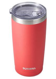 lot 15115 image: SUNWILL 20oz Tumbler with Lid, Stainless Steel Vacuum Insulated Double Wall Travel Tumbler, Durable Insulated Coffee Mug, Powder Coated Coral, Thermal Cup with Splash Proof Sliding Lid