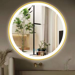 lot 14276 image: ARUMMA 30 Inch Gold Bathroom Round LED Mirror with Lights Gold Frame Round Lighted Mirror for Bathroom Wall Round Vanity Lighted Mirrors 3 Color Dimmable Anti Fog Bathroom Circle Light up Smart Mirror - Retail $109