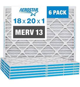 lot 14281 image: Aerostar 18x20x1 MERV 13 Pleated Air Filter, AC Furnace Air Filter, 6-Pack (Actual Size 17 34 x 19 34 x 34)