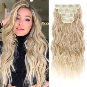 lot 14555 image: REECHO Hair Extensions, Clip in Hair Extensions HE001 Natural Soft Synthetic Hairpieces for Women, Dark Blonde with Light Blonde Ends