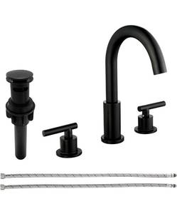 lot 14562 image: Taucent Black Bathroom Sink Faucet 3-Hole,Modern 8-Inch Bathroom Vanity Faucet 2-Handle Widespread Touch On Bathroom with Overflow Pop Up Drain - Retail $80.69