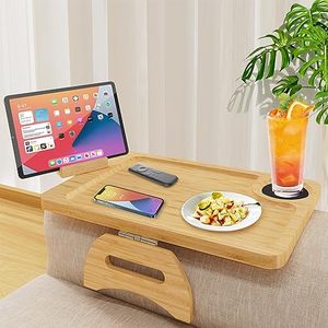 lot 14605 image: Couch Arm Tray, Bamboo Sofa Arm Tray Sofa Clip Table for Wide Couches Arm, Foldable Couch Tray with 360° Rotating Phone and Cup Holder Armrest Table for DrinksSnacksRemote