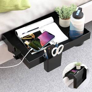 lot 14609 image: SOLEJAZZ Bedside Shelf, Foldable Bunk Bed Shelf Clip On Nightstand Tray College Dorm Room Essential Table Caddy with Cup & Cord Holder for Top Bunk Organizer Bedroom, Normal Size, Black