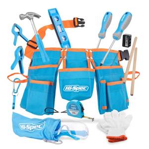 lot 14615 image: Blue Kids Tool Kit Set & Child Size Tool Belt. Real Metal Hand Tools for DIY Building, Woodwork & Construction Learning Tool Kit for Kids