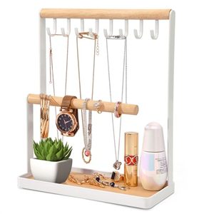 lot 71031 image: Portin Jewelry Organizer Display Stand Holder with Wooden Ring Tray and Hooks Storage Necklaces Bracelets, Rings, Watches Metal Desk Organizer Stand