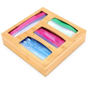 lot 14529 image: PITCH  PULSE Ziplock Bag Organizer for Kitchen Drawer, Bamboo Bag Holder Dispenser for Sandwich, Quart Slider, Gallon, Snack Plastic Bags, Compatible for Universal Food Storage - Crack on Top