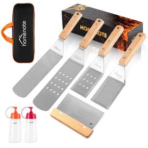 lot 14638 image: HOMENOTE Griddle Accessories Kit, 7Pc Professional BBQ Kit in Gift Box - Heavy Duty Wooden Handle Stainless Steel Griddle Tool Set Great for Grill Flat Top Cooking Camping, Wood Color