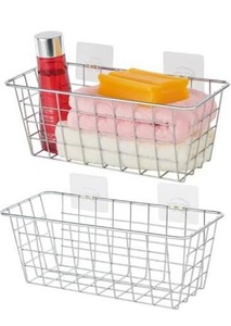 lot 14647 image: 2 Pack Hanging Storage Basket, Bathroom Basket, Household Goods Storage Basket, with Traceless Tape, no Drilling, for Cabinet Storage, Kitchen, Bathroom, Storage Room,Chrome