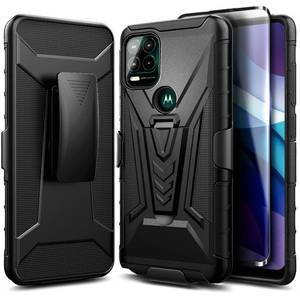 lot 71498 image: NZND Case for Motorola Moto G Stylus 5G with Tempered Glass Screen Protector (Maximum Coverage), Belt Clip Holster with Built-in Kickstand, Heavy Duty Protective Phone Case (Black)