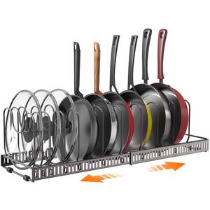 lot 71512 image: Puricon Expandable Pot and Pan Organizer for Cabinet with 10 Dividers, Adjustable Pots and Pans Organizer Rack Pan Lid Cookware Bakeware Baking Storage Holder for Kitchen Countertop Pantry -Bronze