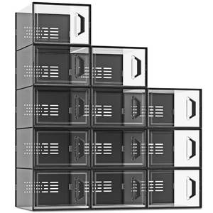 lot 14423 image: SEE SPRING XX-Large Shoe Storage Box Fit Size 13, Clear Plastic Stackable Shoe Organizer for Closet, Space Saving Sneaker Shoe Rack Containers Bins Holders for Entryway, Under Bed, 12 Pack Black