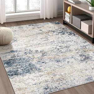 lot 71132 image: Area Rug Living Room Rugs - 5x7 Abstract Large Soft Indoor Washable Rug Neutral Modern Low Pile Carpet for Bedroom Dining Room Farmhouse Home Office - Beige Blue