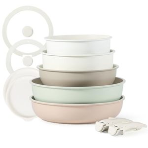 lot 71135 image: CAROTE 11pcs Pots and Pans Set, Nonstick Kitchen Cookware Sets with Detachable Handles, Induction Cookware, Pans for Cooking, Cooking Pot - Retail $77.9
