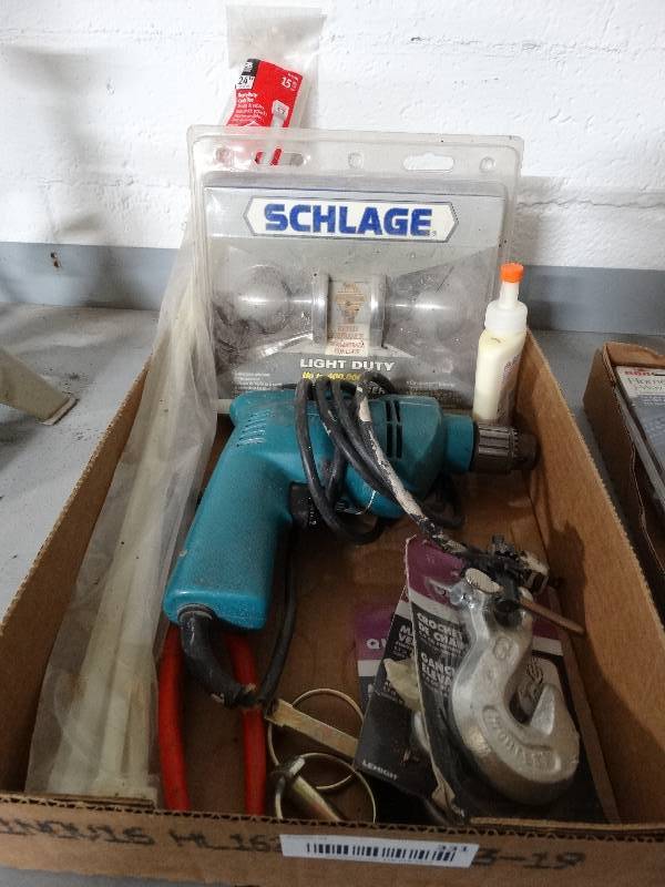 lot 331 image: Electric drill, pliers, hardware, misc.
