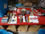 2 chainsaw chains, spark plug, welding clamps, misc.