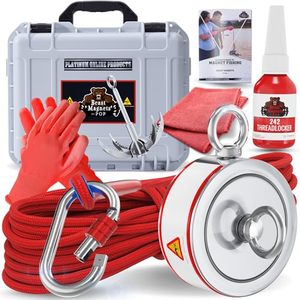 lot 1663 image: 3600LBs Magnet Fishing Kit � A Complete Double Sided Magnet Fishing Kit with Case Includes Strong Neodymium N52 Magnet, Durable 65ft Rope, Carabiner, Gloves, Grappling Hook & Waterproof Case - Retail $169.23
