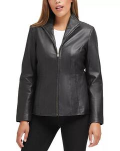 lot 1664 image: Cole Haan Womens Fully Lined Wing Collar Leather Coat, True Black - Retail $297.99 size large