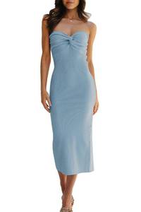 lot 92019 image: LILLUSORY Womens 2024 Light Blue Baby Shower Guest Summer Spring Fashion Knitted Dresses Sexy Trendy Casual Midi Bodycon Maxi Dress with Slit