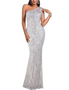lot 92025 image: Elegant Sequin Dresses for Wedding Guest One Shoulder Dress for Women with Bead Maxi Formal Gowns(A-Silver,M) - Retail $90.63