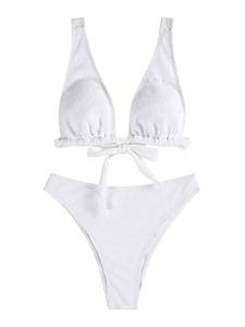 lot 92027 image: ZAFUL Womens 2 Piece Triangle Straps Bikini Set with Detachable Pads and Adjustable Back Tie Swimsuit A-White