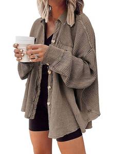 lot 92030 image: Nirovien Waffle Shirt Womens Shacket Oversized Waffle Knit Tops with Pockets Long Sleeve Button Down Shirt Jacket(Coffee,XL)