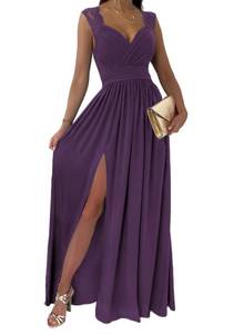 lot 92031 image: Dokotoo Womens Ladies Elegant Floor Length A Line Wrap Deep V Neck Backless Ruched Pleated Ruffled Split Long Maxi Formal Evening Party Prom Dress Bridesmaid Wedding Guest Dresses for Women Purple L