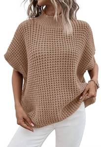 lot 92032 image: Viottiset Womens Oversized Batwing Short Sleeve Sweater Vest Mock Neck Sleeveless Pullover Knit Sweaters Khaki S