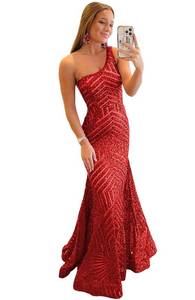 lot 92033 image: Noras dress One Shoulder Sleeveless Prom Dress Long Sequin Long 2024 Sexy Mermaid Prom Dresses for Women Red 4