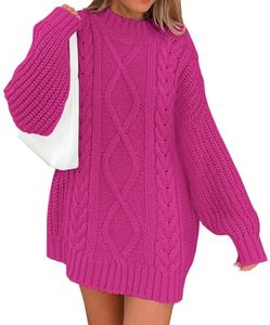 lot 92039 image: LILLUSORY Womens Crewneck Oversized Sweater Dress 2024 Fall Trendy Cable Knit Long Sleeve Dresses Chunky Pullover Tops Hot Pink