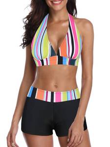 lot 92048 image: Womens Two Piece Swimsuits Halter Printed Sporty Top Boyshort Athletic Bathing Suit for Women Colourful Stripe XL