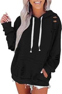 lot 92056 image: Melliflo Oversized Black Sweatshirts for Women Hollow Distressed Hoodie Solid Color Loose Trendy Sweatshirt Pullover Fall Tops(Black. X-Large)