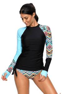 lot 92059 image: Womens Long Sleeves Rash Guard Athletic Swim Aztec Bathing Suit Beachwear (Small, Blue)