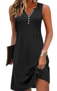 lot 92060 image: Beach Dresses for Women 2024 Vacation Swim Cover up V-Neck Summer Dress Button Down Sleeveless Boho Floral Sundress(M.Black)