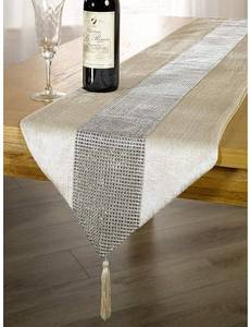 lot 92063 image: OZXCHIXU 13inch x 72inch Table Runner with Diamante Strip and Tassels (beige)