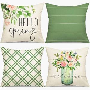 lot 92065 image: YGEOMER 18x18 Spring Pillow Covers, Set of 4 Pillow Covers, Spring Farmhouse Outdoor Pillow Covers Green Garden Linen Cushion Case for Home Decor
