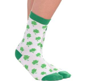 lot 92069 image: St. Patricks Day Green and White Shamrock Crew Socks - One Size, 1 Pair - Perfect for Celebrations and Everyday Use