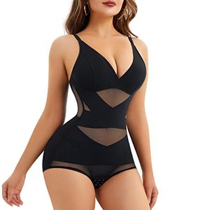 lot 92075 image: REYEOGO V Neck Bodysuit Shapewear for Women Tummy Control Waist Trainer Full Body Shaper Built-in Bra Camisole Jumpsuit Tops (Black, Large)